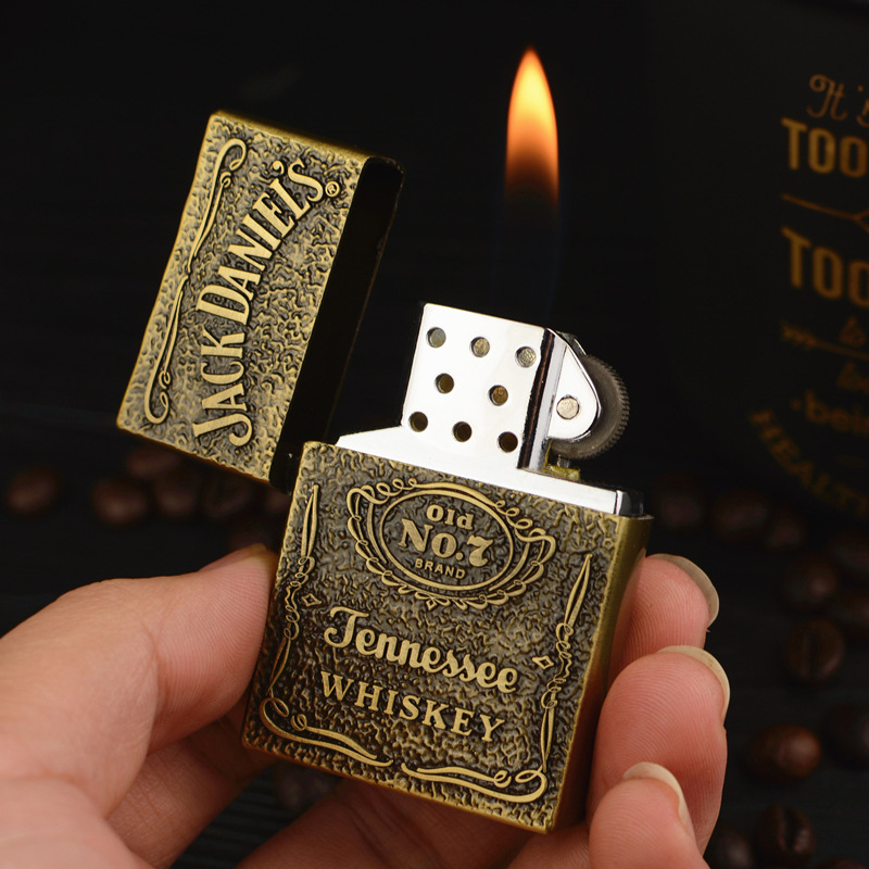 Fire Starting Kit - Vintage Bronze Metal Gas Lighter, Flint